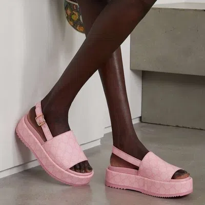 Pre-owned Gucci Angelina Gg Pink Supreme Canvas Slingback Platform Sandals Eu 39.5