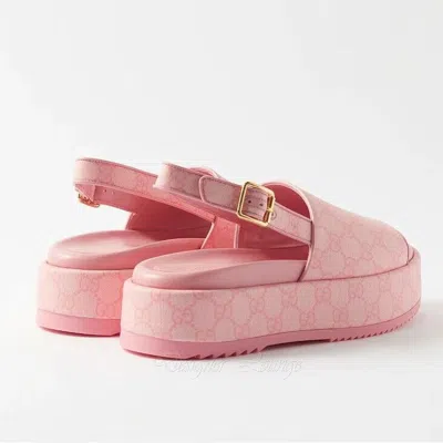 Pre-owned Gucci Angelina Gg Pink Supreme Canvas Slingback Platform Sandals Eu 39.5