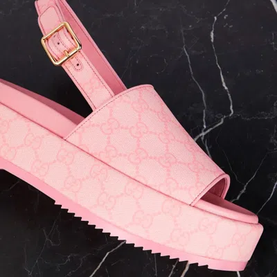 Pre-owned Gucci Angelina Gg Pink Supreme Canvas Slingback Platform Sandals Eu 39.5