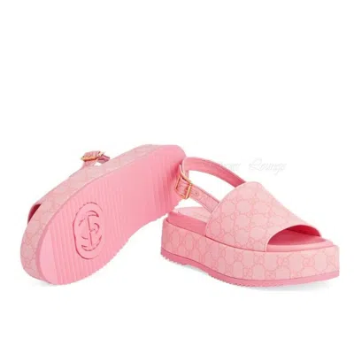 Pre-owned Gucci Angelina Gg Pink Supreme Canvas Slingback Platform Sandals Eu 39.5