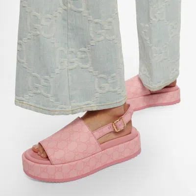 Pre-owned Gucci Angelina Gg Pink Supreme Canvas Slingback Platform Sandals Eu 39.5