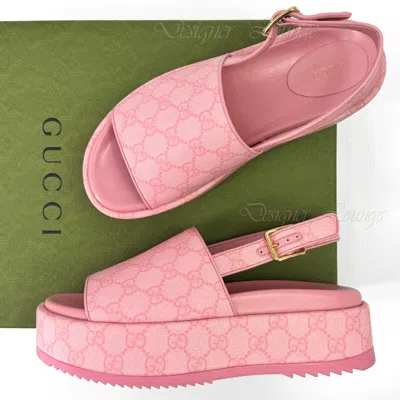 Pre-owned Gucci Angelina Gg Pink Supreme Canvas Slingback Platform Sandals Eu 39.5