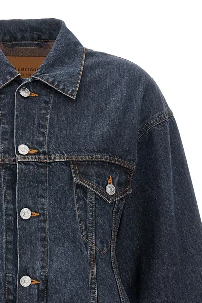 Balenciaga Denim Jacket With Adjustable Waist And Multiple Pockets In Blue