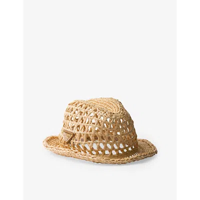 Prada Womens Neutral Triangle-plaque Raffia-effect Woven Fedora Hat In Neutral
