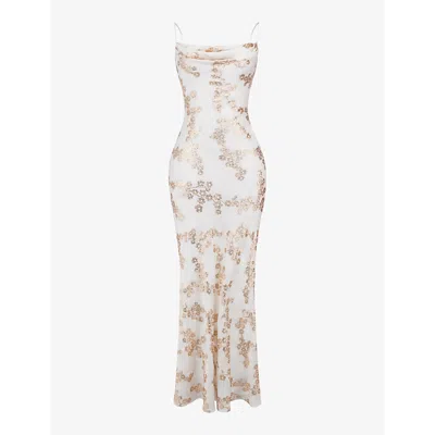 House Of Cb Caprina Embroidered Floral Trumpet Gown In White & Gold