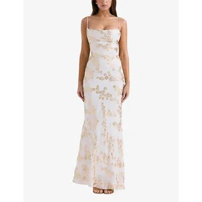 House Of Cb Caprina Embroidered Floral Trumpet Gown In White & Gold