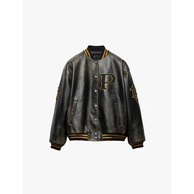Prada Leather Bomber Jacket With Patch In Black