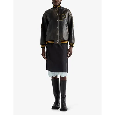 Prada Leather Bomber Jacket With Patch In Black