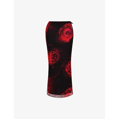 Mistress Rocks Womens Black Rose Print Floral-print Slim-fit Mesh Midi Skirt In Black Rose Print