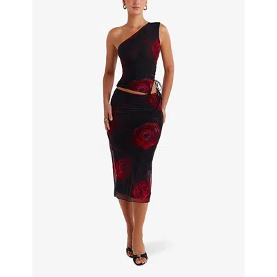Mistress Rocks Womens Black Rose Print Floral-print Slim-fit Mesh Midi Skirt In Black Rose Print