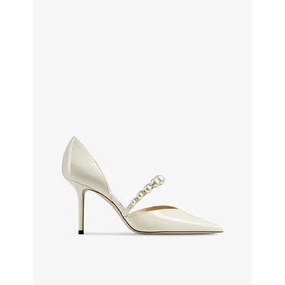 Jimmy Choo Aurelie 85 Faux Pearl-embellished Patent-leather Pumps In Latte/white