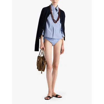 Prada Womens Light Blue Striped Side-tie High-rise Cotton-poplin Bikini Bottoms In Light Blue