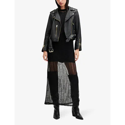 Allsaints Womens Black Balfern Stud-embellished Belted-hem Leather Jacket In Black/gold