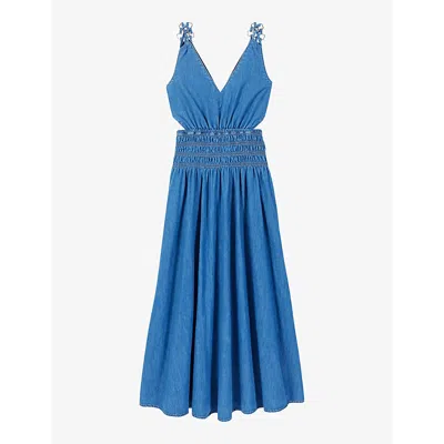 Maje Womens Bleus Cut-out Smocked-waist Denim Maxi Dress In Bleus