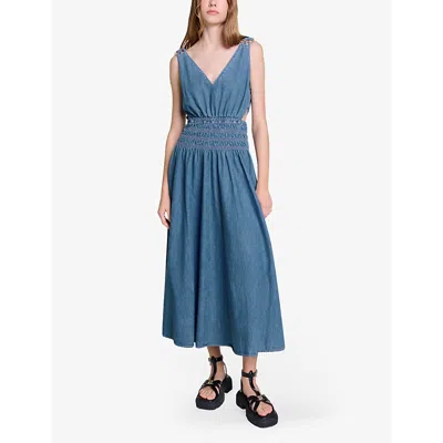 Maje Womens Bleus Cut-out Smocked-waist Denim Maxi Dress In Bleus