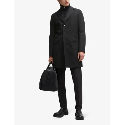 Hugo Boss Water-repellent Wool-blend Coat With Zip-up Inner In Black