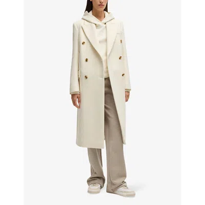 Hugo Boss Long-length Twill Coat With Double-breasted Closure In Open White