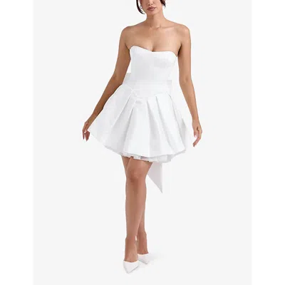 Shop House Of Cb Of Cb Womens Noele Fitted-bodice Bow-embellished Woven Mini Gown White Xs