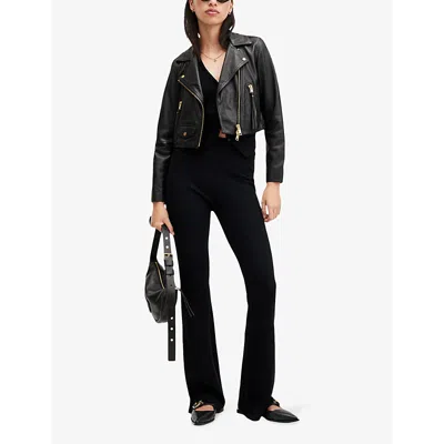 Allsaints Womens Black Elora Slim-fit Cropped Leather Biker Jacket In Black