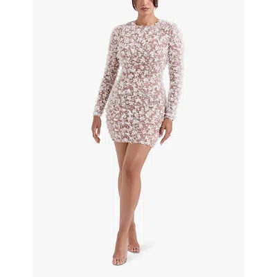House Of Cb Womens White Floral Alize Flower-applique Backless Woven Mini Bridal Gown In White Floral