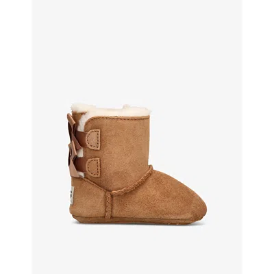 Ugg Brown Baby I Baby Bailey Bow Logo-patch Suede And Shearling Crib B In Brown