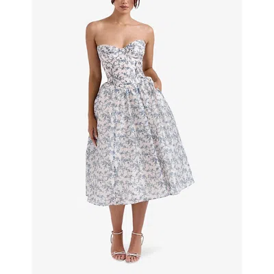 House Of Cb Womens English Porcelain Bennett Graphic-print Strapless Cotton-blend Midi Dress In English Porcelain