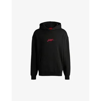 Hugo Boss Dlogolong Cotton Logo Embroidered Relaxed Fit Hoodie In Black