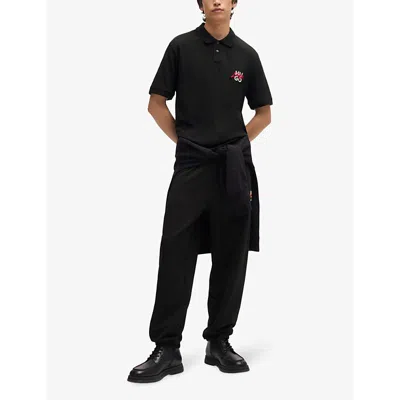 Hugo Boss Mens Black Double-logo Cotton-piqué Polo Shirt Xl In Black