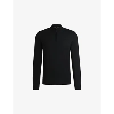 Hugo Boss Mens Black Zip-neck Regular-fit Wool-knitted Jumper Xxl In Black