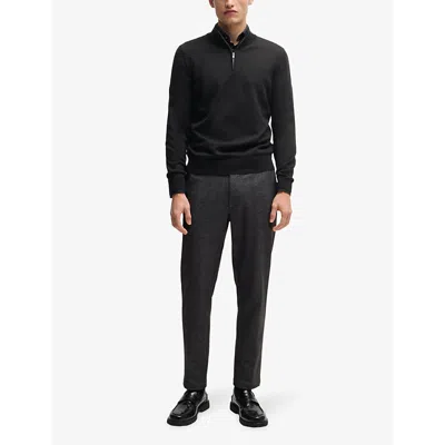 Hugo Boss Mens Black Zip-neck Regular-fit Wool-knitted Jumper Xxl In Black