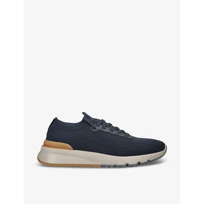 Brunello Cucinelli Leather-trimmed Stretch-knit Sneakers In Blue