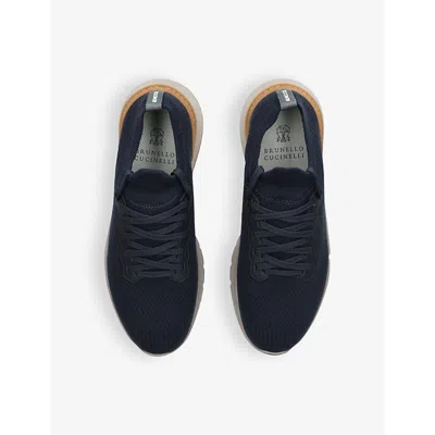 Brunello Cucinelli Leather-trimmed Stretch-knit Sneakers In Blue