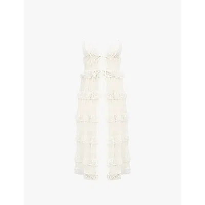 Mistress Rocks Womens White Lace Frilled Sleeveless Stretch-lace Longline Top In White Lace