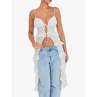 Mistress Rocks Womens White Lace Frilled Sleeveless Stretch-lace Longline Top In White Lace
