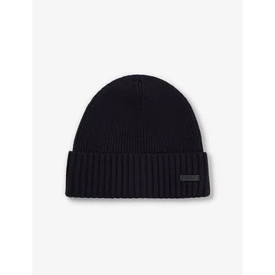 Hugo Boss Mens Ribbed Brand-patch Wool Knitted Beanie Hat Dark Blu In Dark Blue