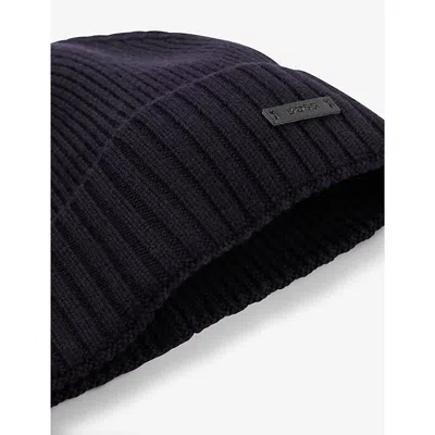 Hugo Boss Mens Ribbed Brand-patch Wool Knitted Beanie Hat Dark Blu In Dark Blue