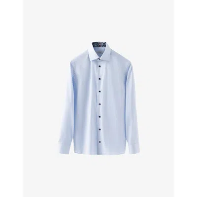 Shop Eton Mens Light Blue Floral-trim Contemporary-fit Cotton-twill Shirt