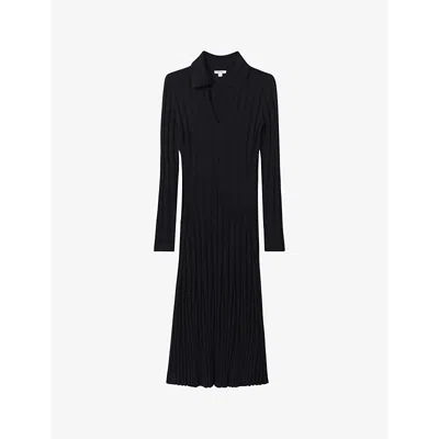 Reiss Navy Knitted Open-collar Midi Dress In Navy