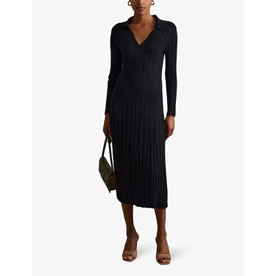 Reiss Navy Knitted Open-collar Midi Dress In Navy
