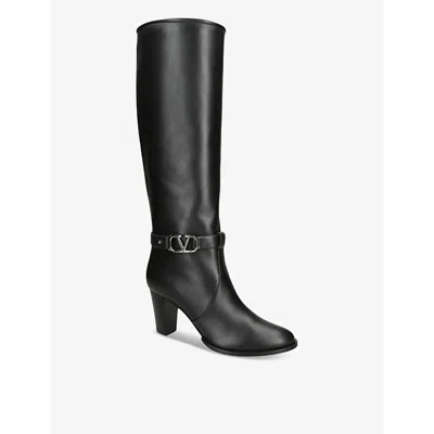 Valentino Leather Vlogo Knee-high Boots 75 In Black