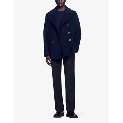 Sandro Mens Bleus Double-breasted Peak-lapel Wool-blend Coat In Bleus