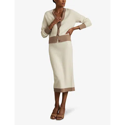 Reiss Womens  Brie Colour-block Button-up Wool Cardigan In Cream/camel