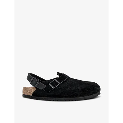 Birkenstock Buckle Cork Open Suede Mules In Black Suede