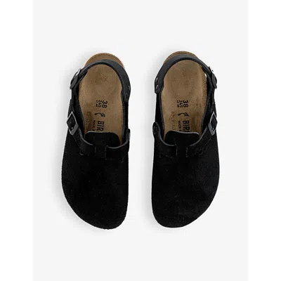 Birkenstock Buckle Cork Open Suede Mules In Black Suede