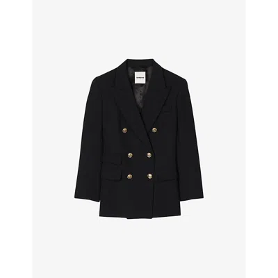Sandro Womens  Lapel-collar Double-breasted Wool-blend Blazer In Noir / Gris
