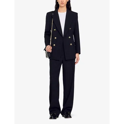 Sandro Womens  Lapel-collar Double-breasted Wool-blend Blazer In Noir / Gris