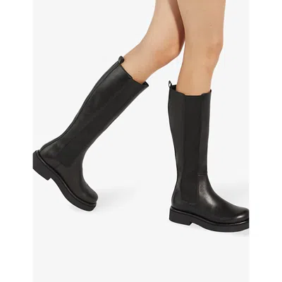 Dune Womens Black Leather Temmie Chunky-sole Leather Knee-high Boots In Black Leather