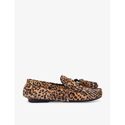 Kurt Geiger Leather Leopard Fringe Moccasins In Brown/oth