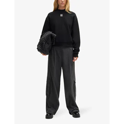 Hugo Boss Relaxed-fit Cotton-terry Sweatshirt With Stacked-logo Embroidery In Black