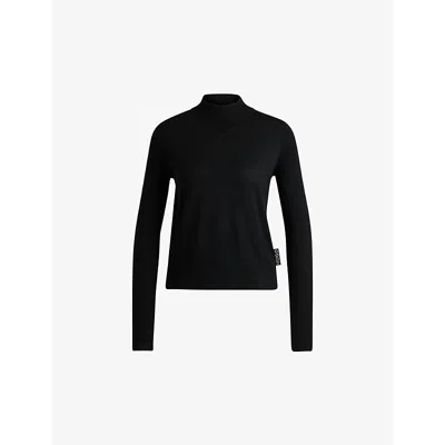 Hugo Boss Womens Black High-neck Logo-tab Wool Jumper In Black